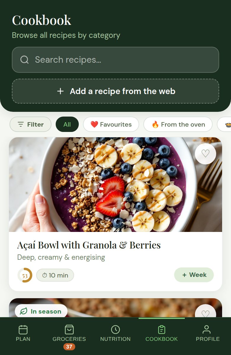 The Cookbook tab: recipes with photographs and the season mark