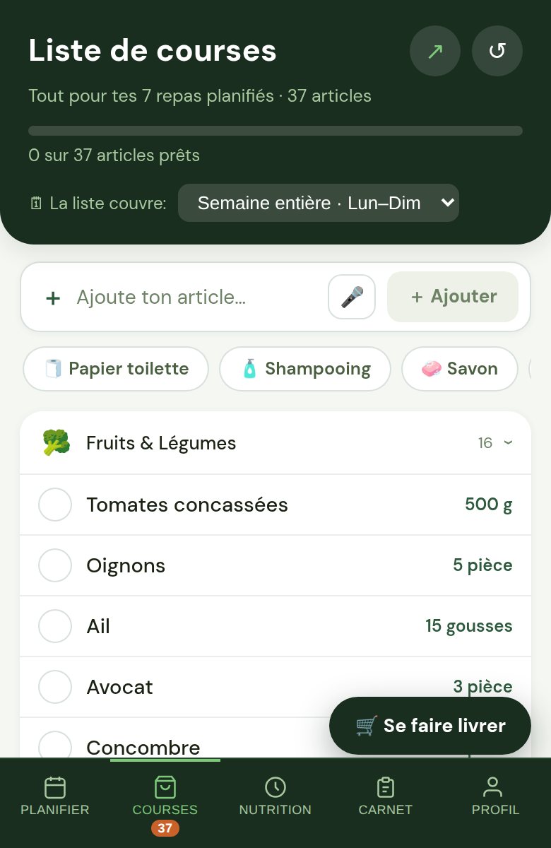 L’onglet Courses : la liste, les quantités additionnées