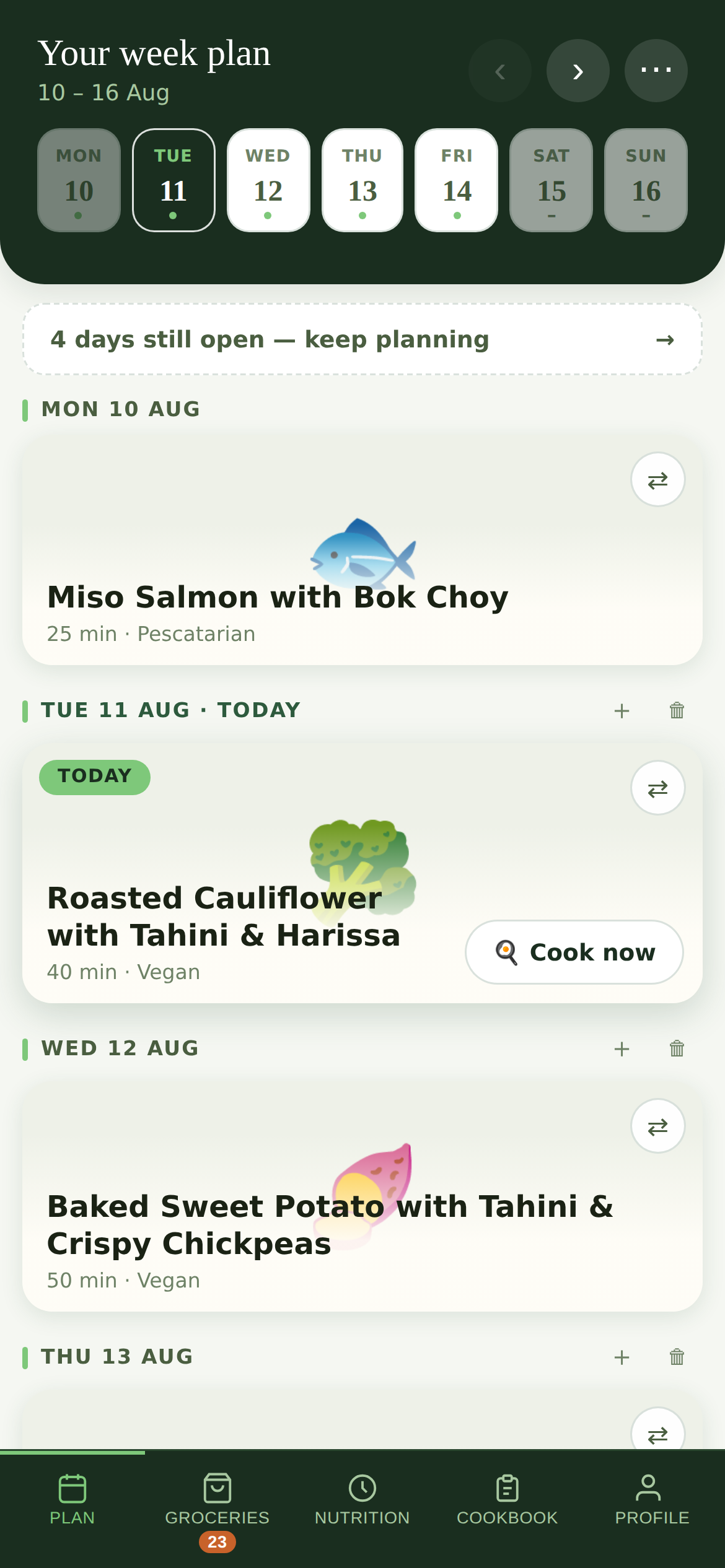 Der Wochenplan in der Menja-Fresh-App